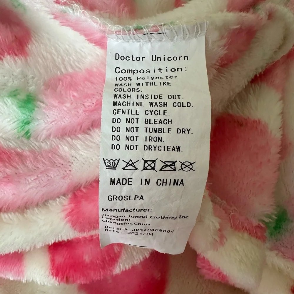 Girls Strawberry Print Fleece Hooded Robe Pink Green 6-7 Years Belted Soft Plush